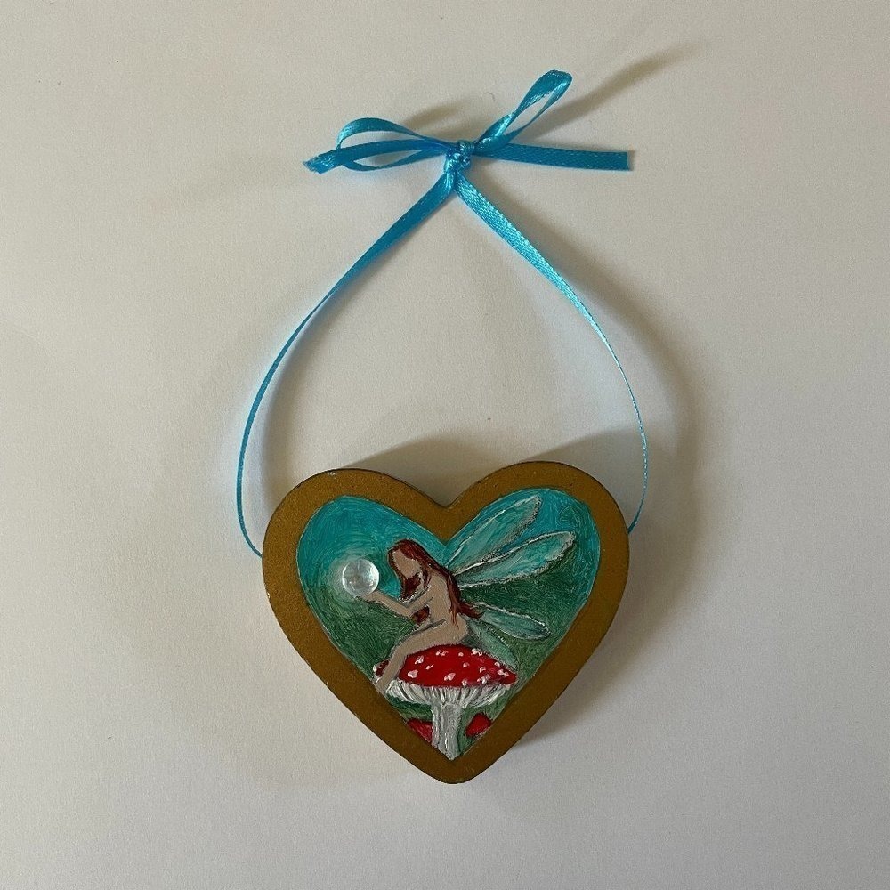 "MOONSTONE FAIRY" Hand Painted Heart Ornament Art Wall Decor Oil Painting